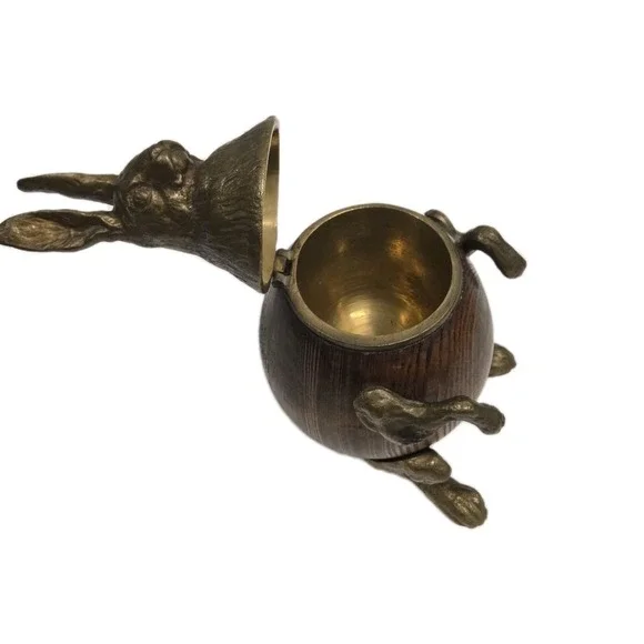 RABBIT TRINKET BOX VINTAGE ARTHUR COURT BRASS BRONZE WOOD DECOR Inkwell FIGURE - Picture 9 of 10